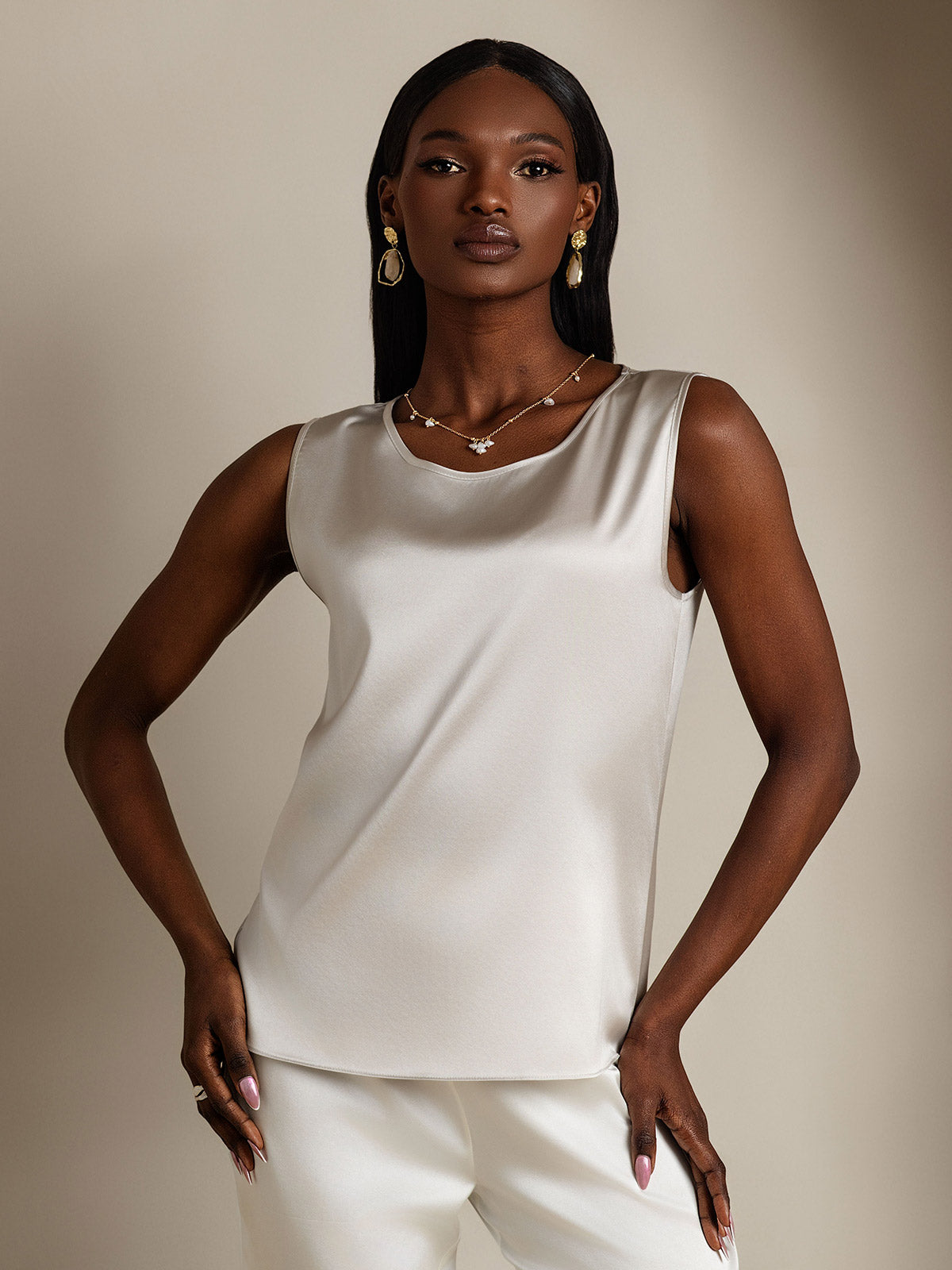 19Momme Silk Lounge Round Neck Tank Top