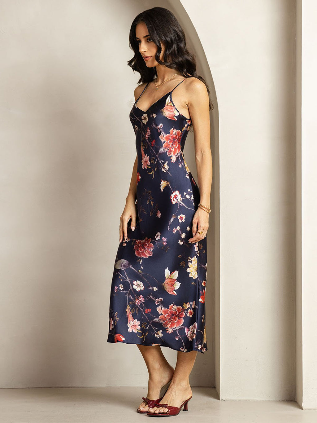 19Momme Silk V Neck Adjustable Strap Midi Dress