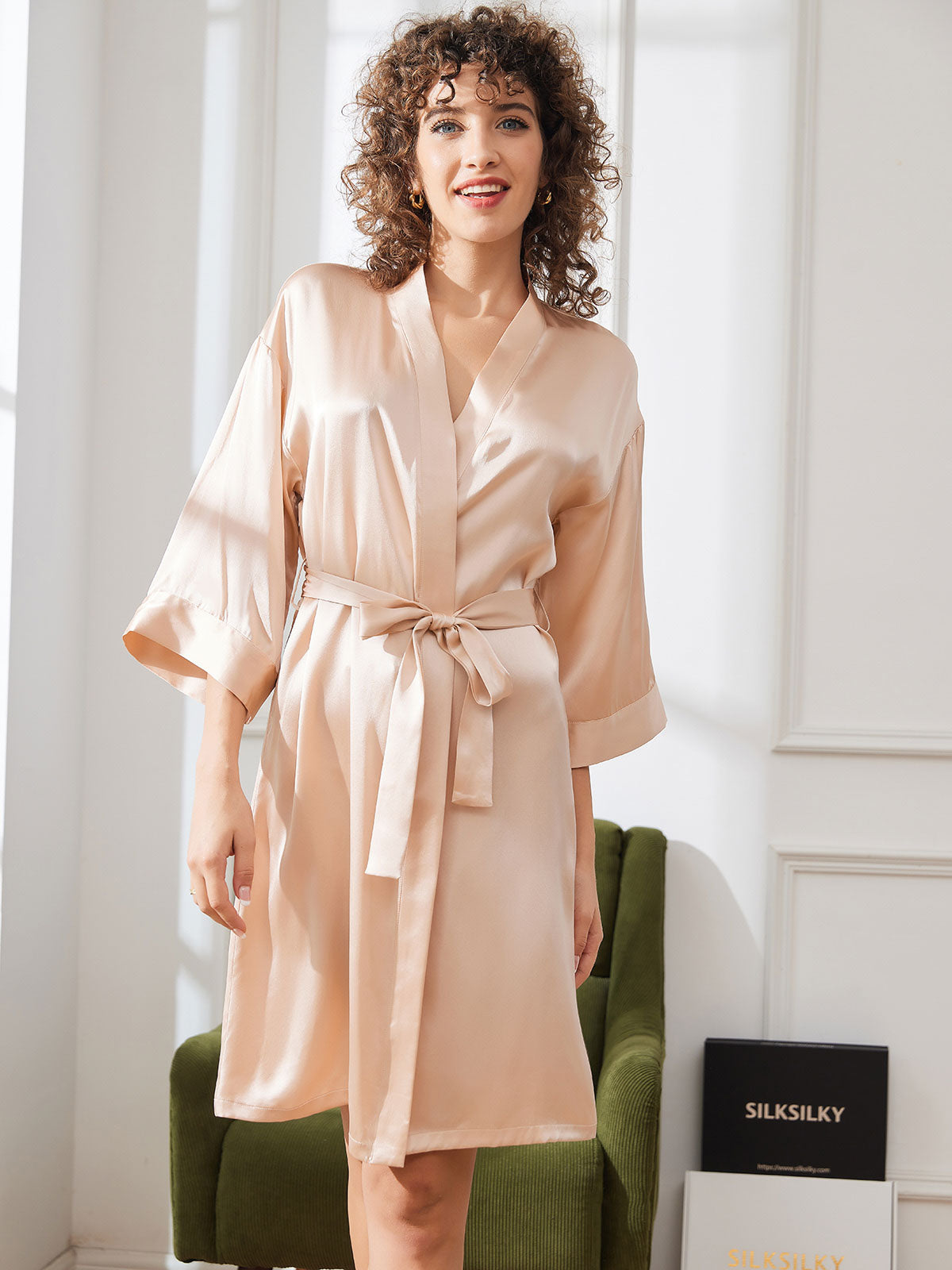 Pure Silk Belted Wrap Kimono Night Robe