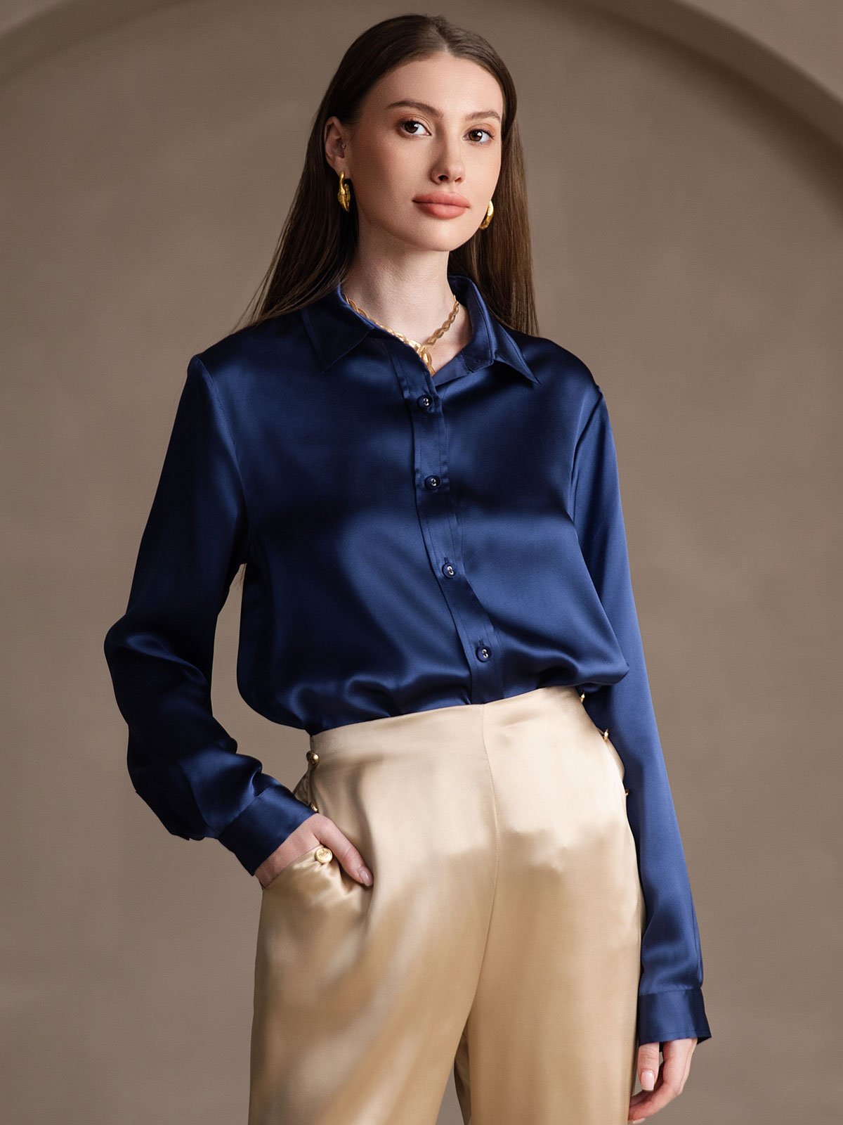19Momme Silk Long Sleeve Lapel Collar Women's Shirt