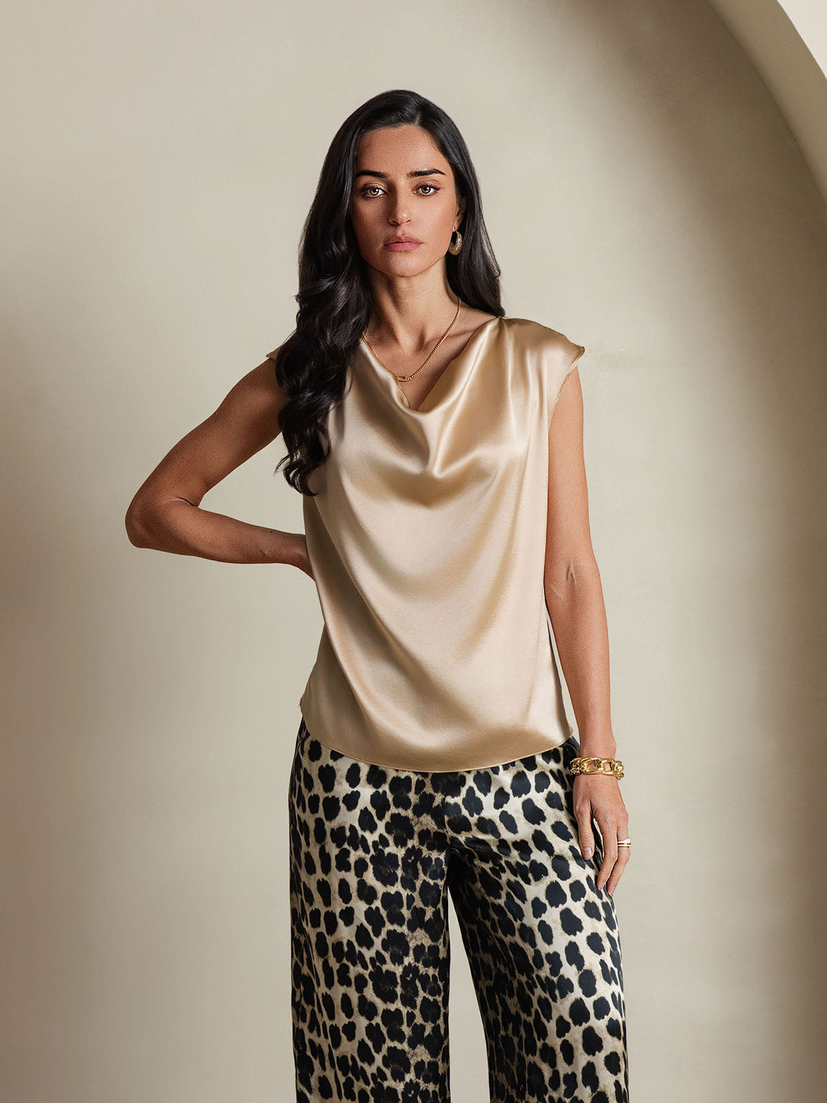 19Momme Silk Cap Sleeve Cowl Neck Tank Top/Blouse