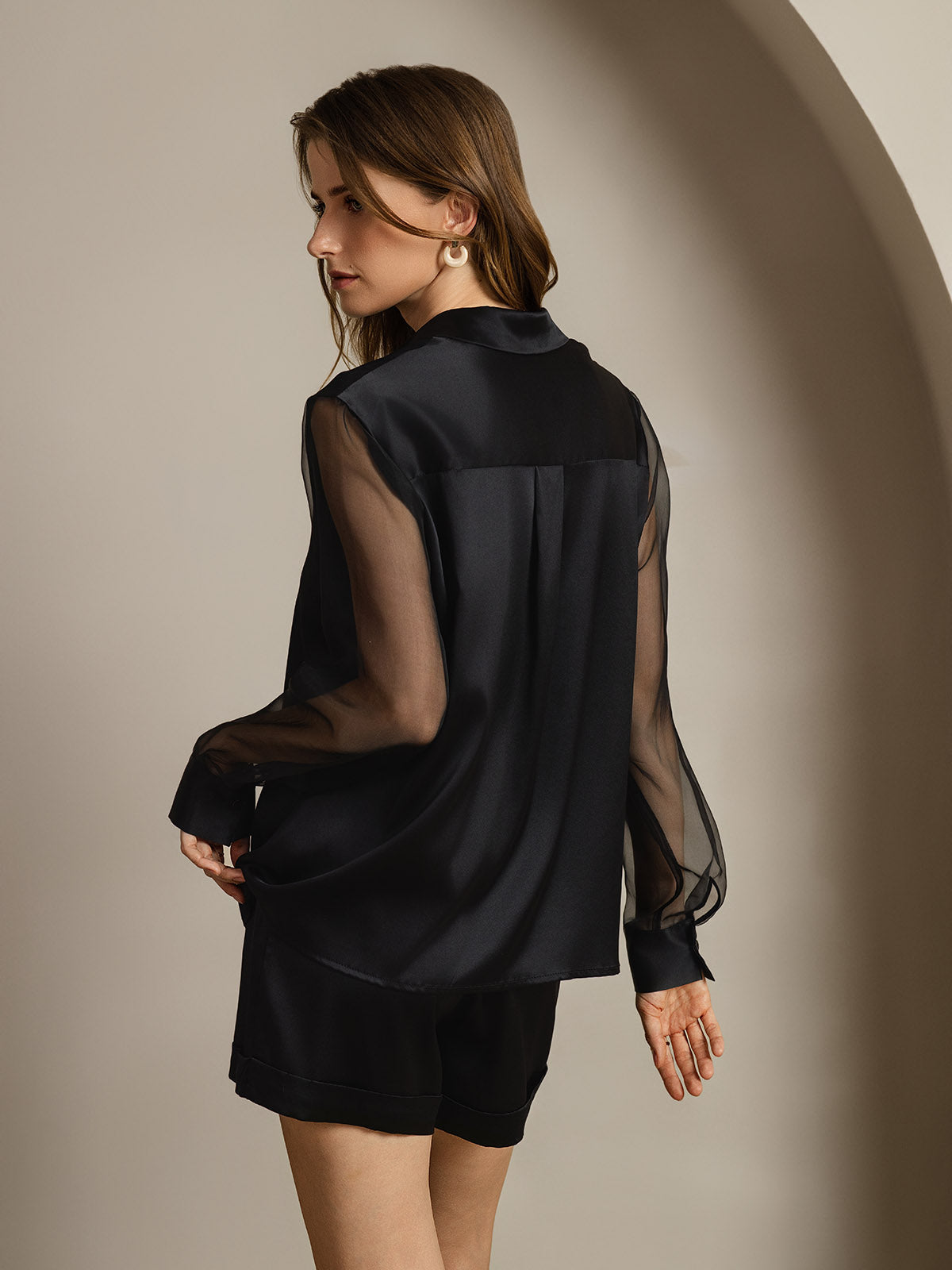 Women's 19Momme Silk Sheer Sleeve Lapel Collar Shirt