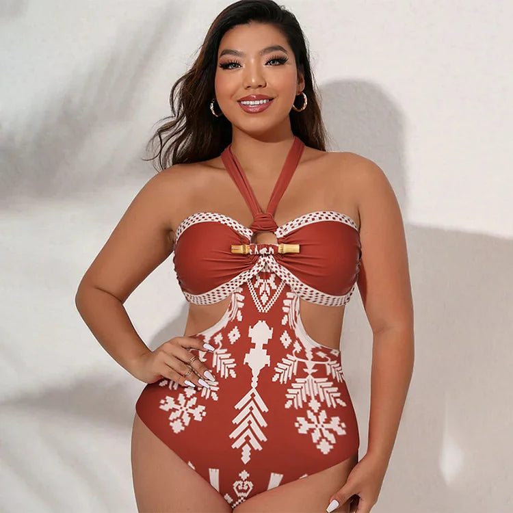 Boho Ethnic Floral Patterned Halter One-Piece Swimsuit&Skirt