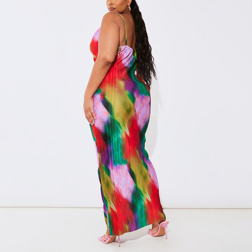 Plus Multi Printed Plisse Cowl Neck Maxi Dress