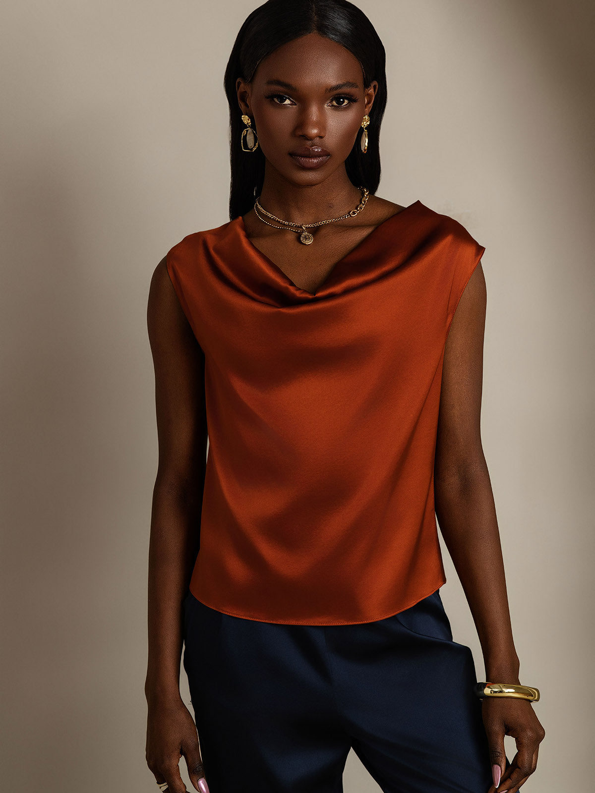 19Momme Silk Cap Sleeve Cowl Neck Tank Top/Blouse