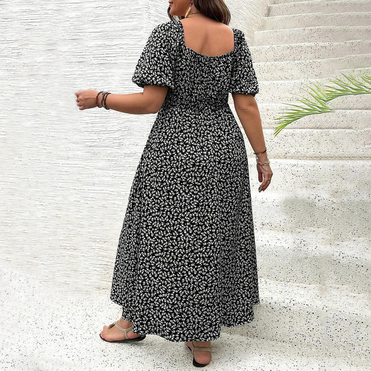 Floral Print Split Detail Short Sleeve Bardot Dress