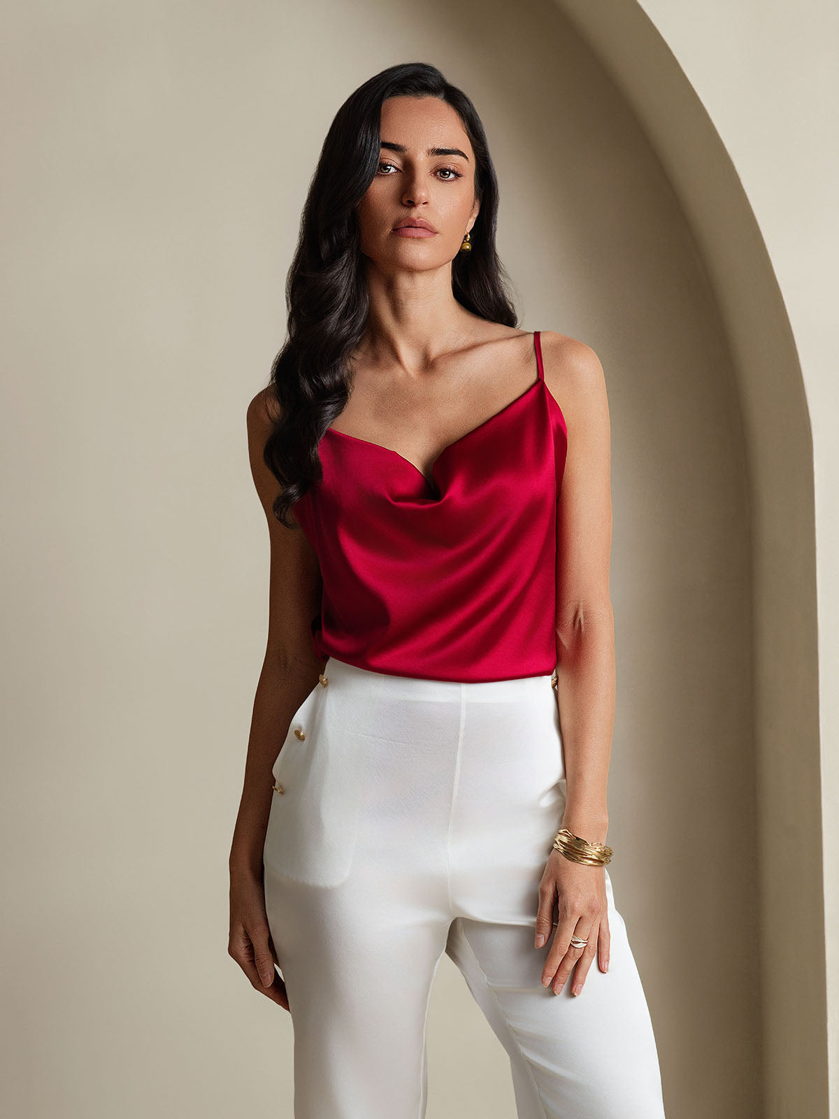 19Momme Silk Cowl Neck Spaghetti Strap Camisole Top