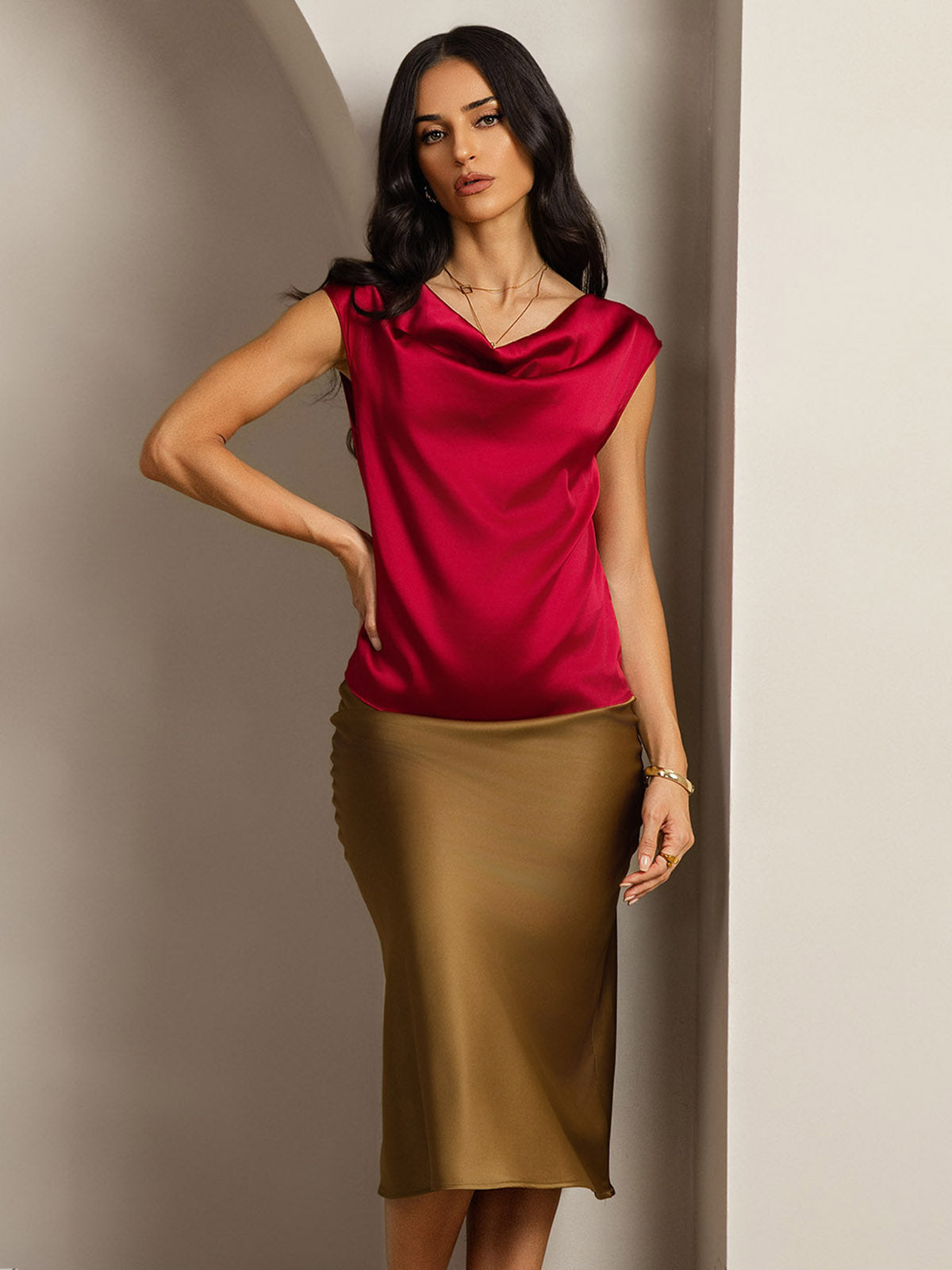 19Momme Silk Cowl Neck Cap Sleeve Blouse