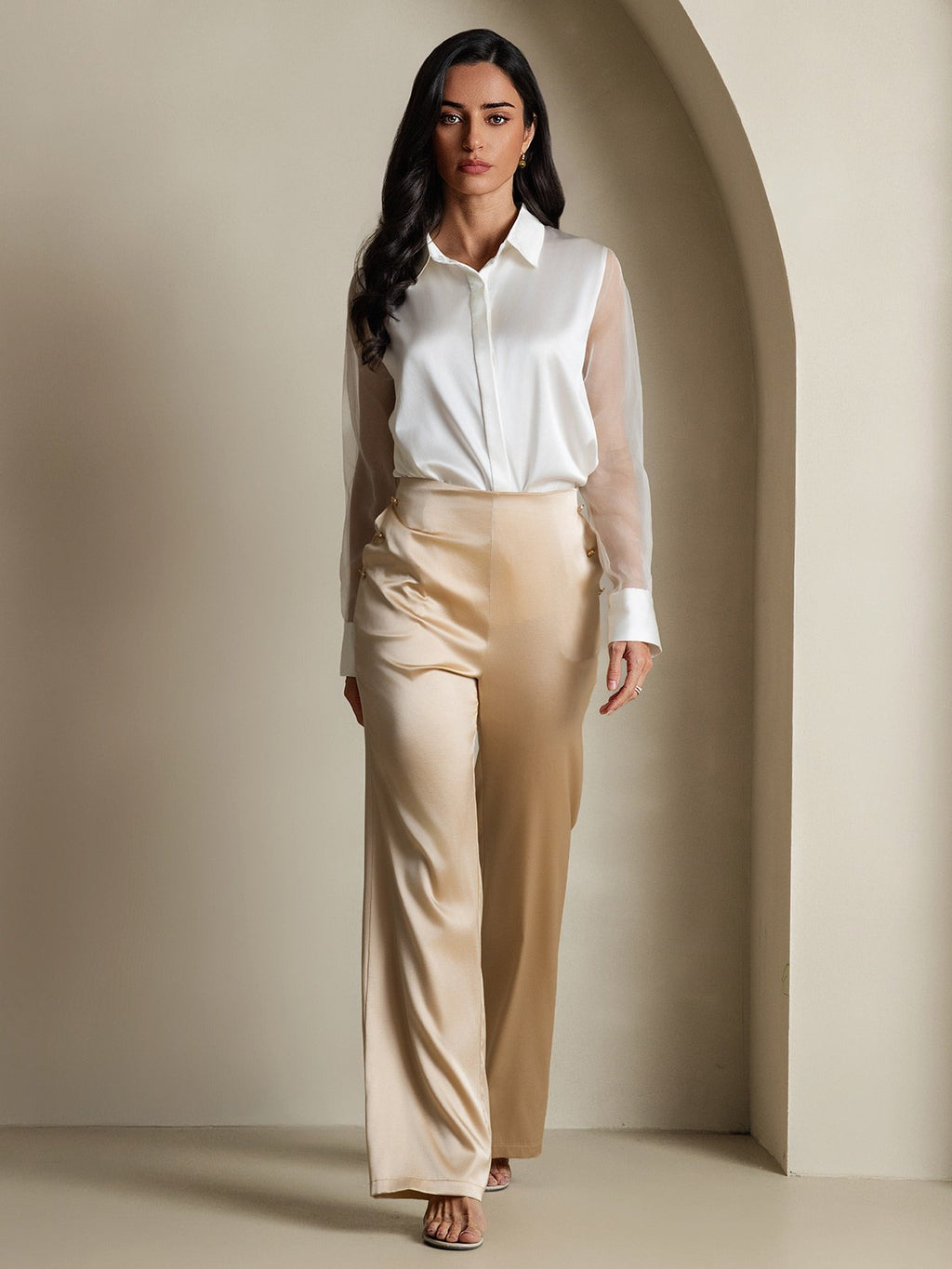 Women's 19Momme Silk Sheer Sleeve Lapel Collar Shirt