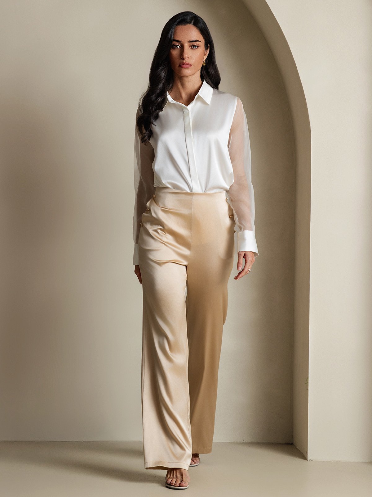 Women's 19Momme Silk Sheer Sleeve Lapel Collar Shirt