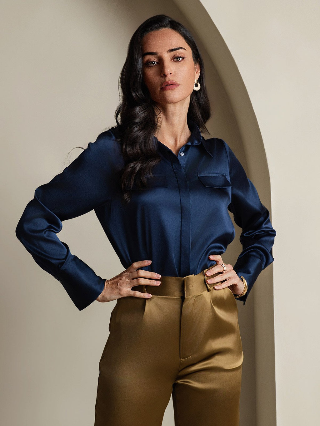 Women's 19Momme Silk Long Sleeve Lapel Collar Military Shirt
