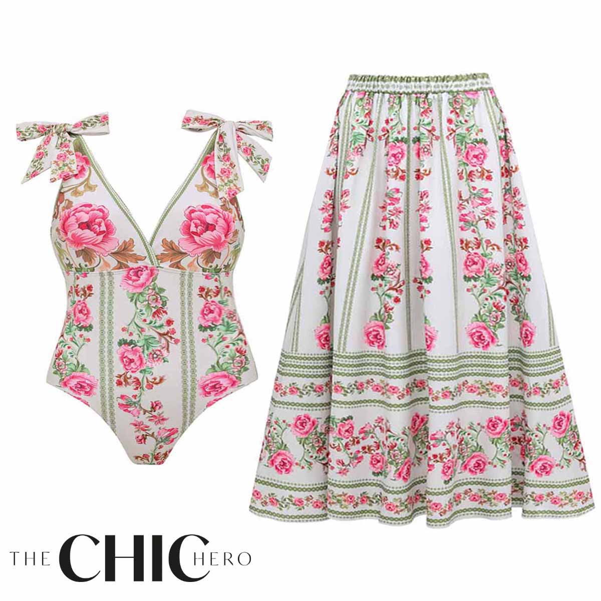 Vintage Rose Garden V Neck Lace Up Floral Swimsuit&Skirt