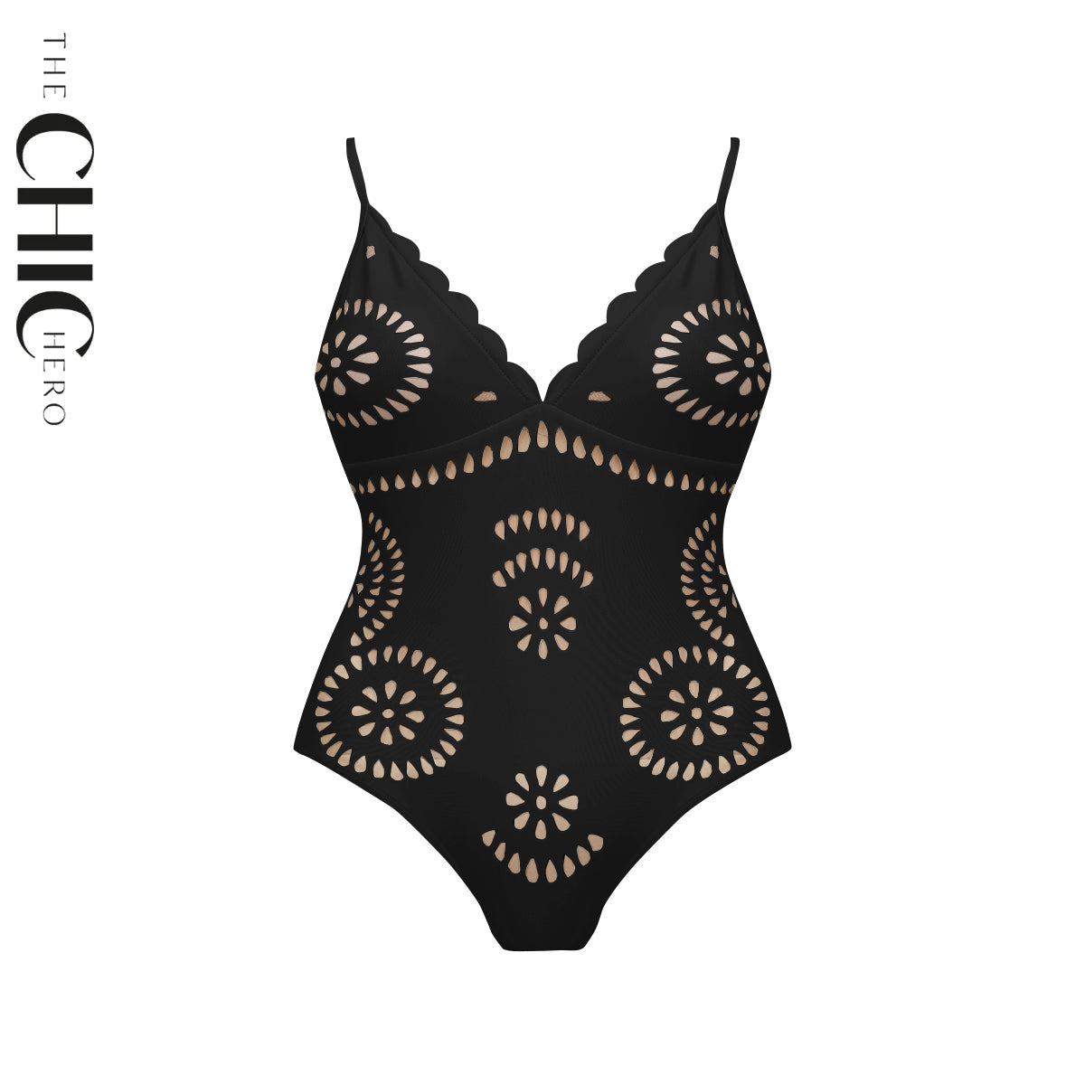 Black Scalloped Hollow Sexy One-Piece Swimsuit&Skirt
