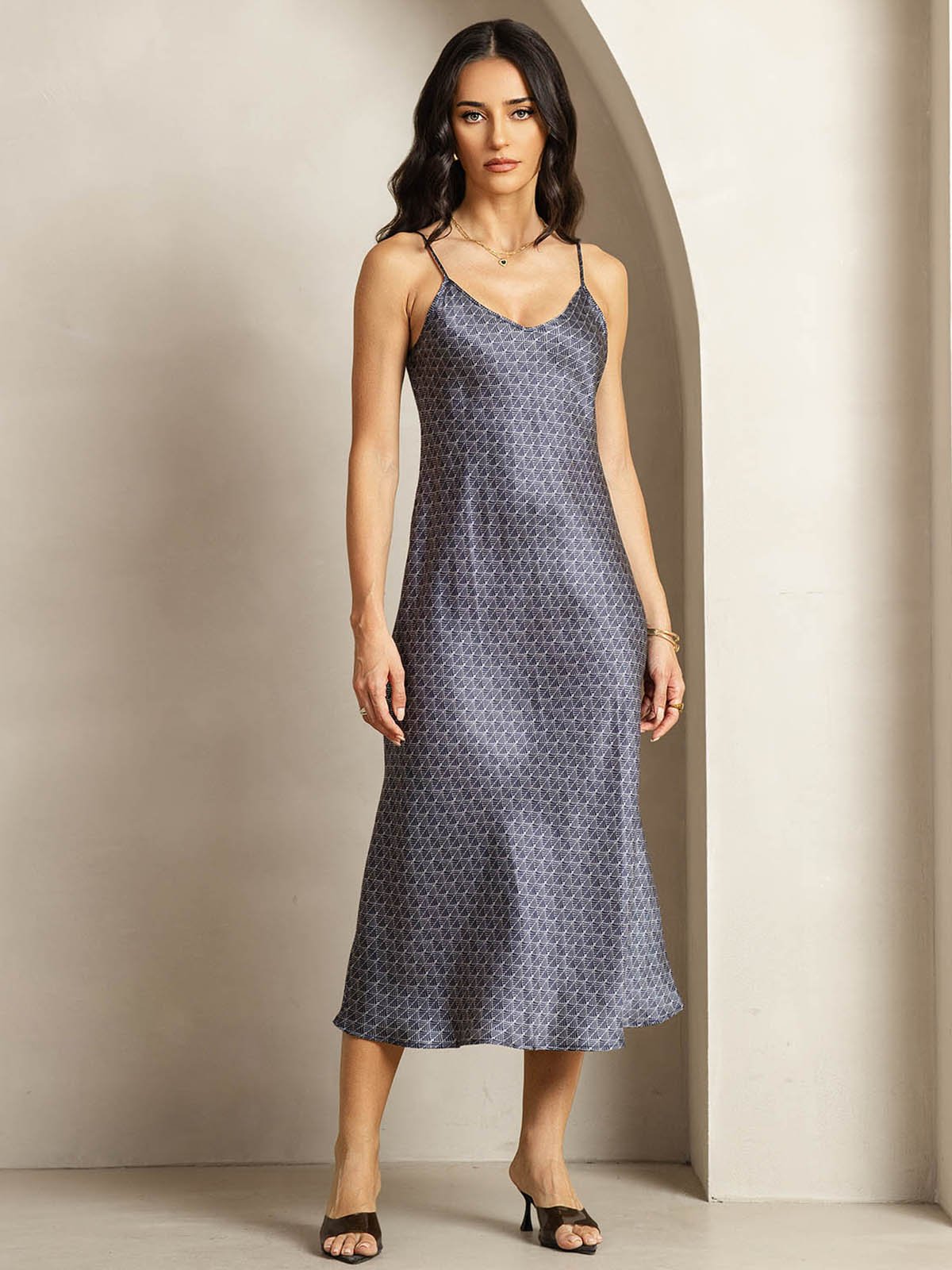19Momme Silk V Neck Adjustable Strap Midi Dress