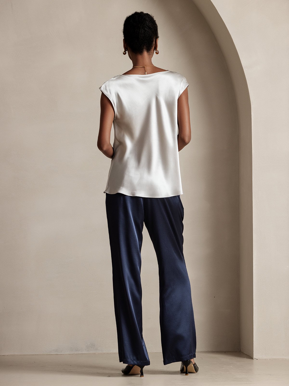 19Momme Silk Cap Sleeve Cowl Neck Tank Top/Blouse