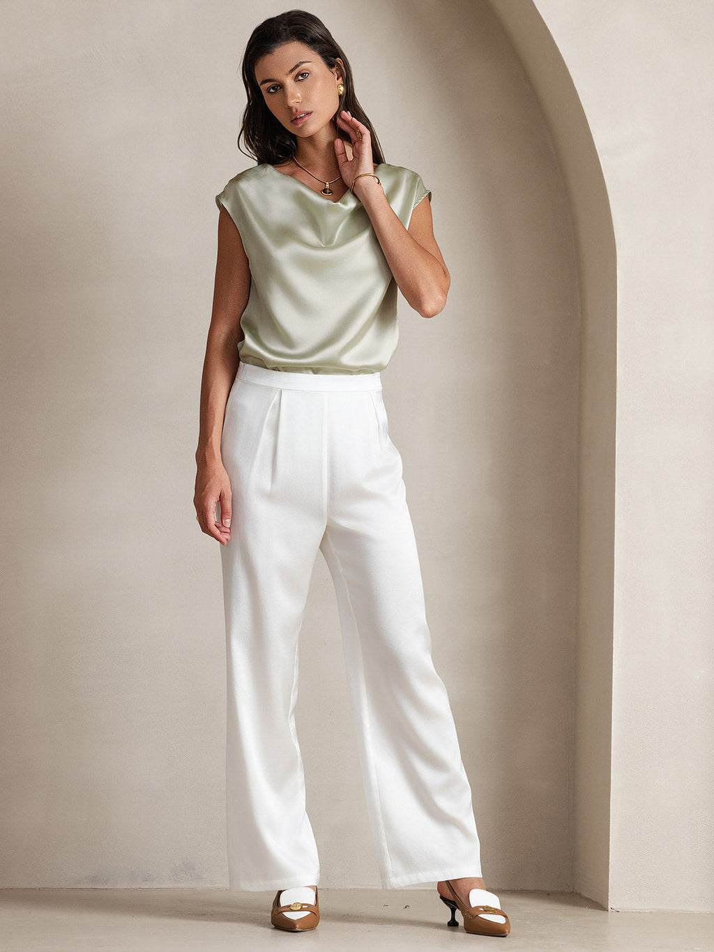 19Momme Silk Cowl Neck Cap Sleeve Blouse