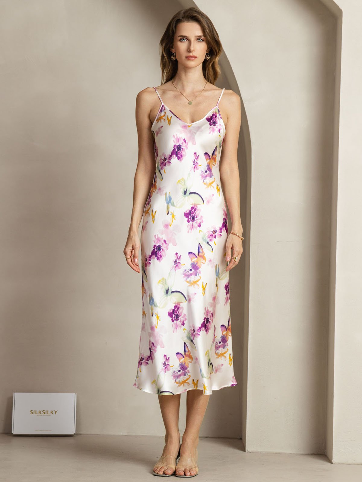 19Momme Silk V Neck Adjustable Strap Midi Dress