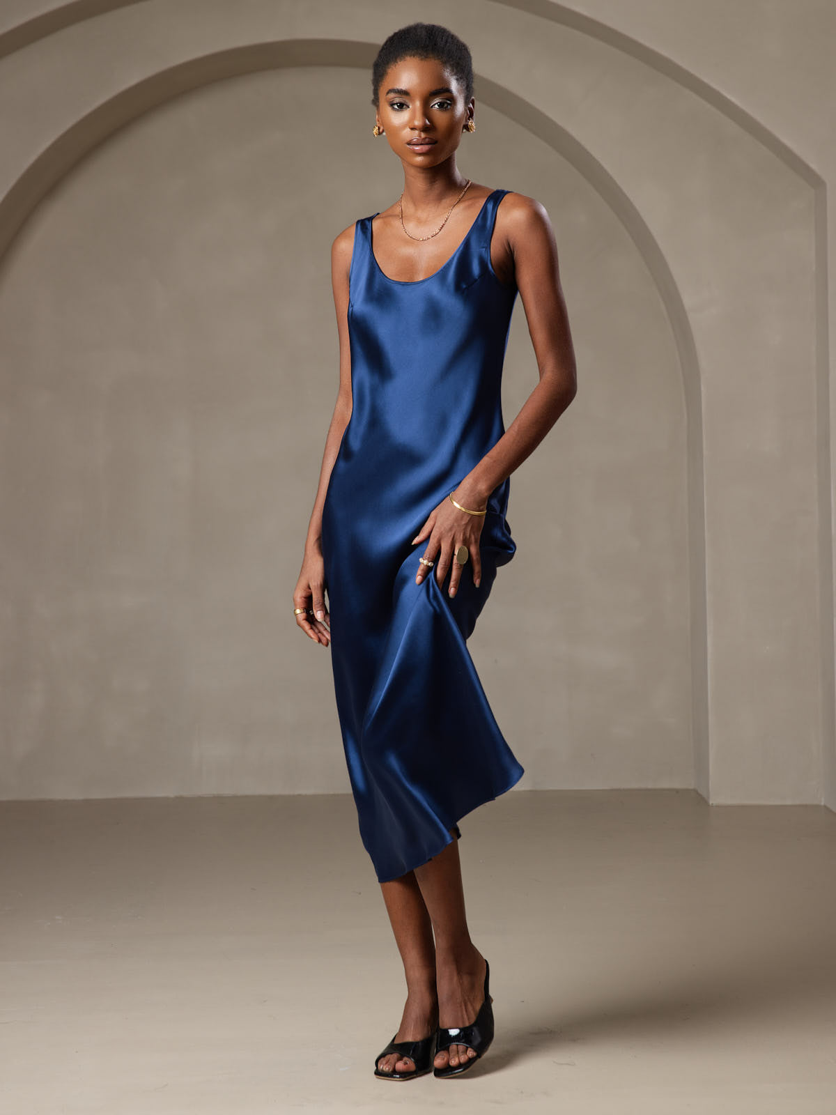 Pure Silk Wide Strap Sleeveless Long Dress