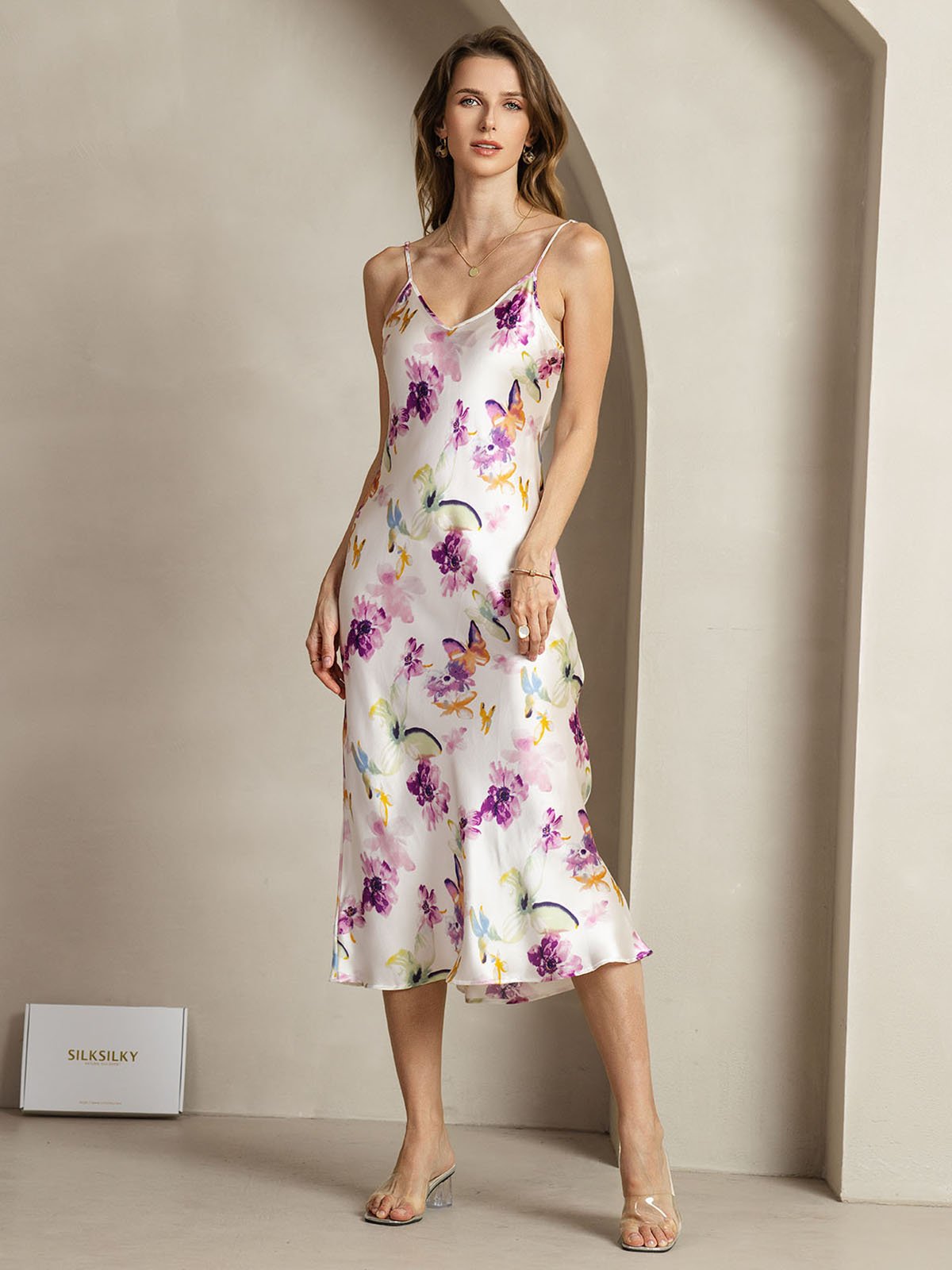 19Momme Silk V Neck Adjustable Strap Midi Dress