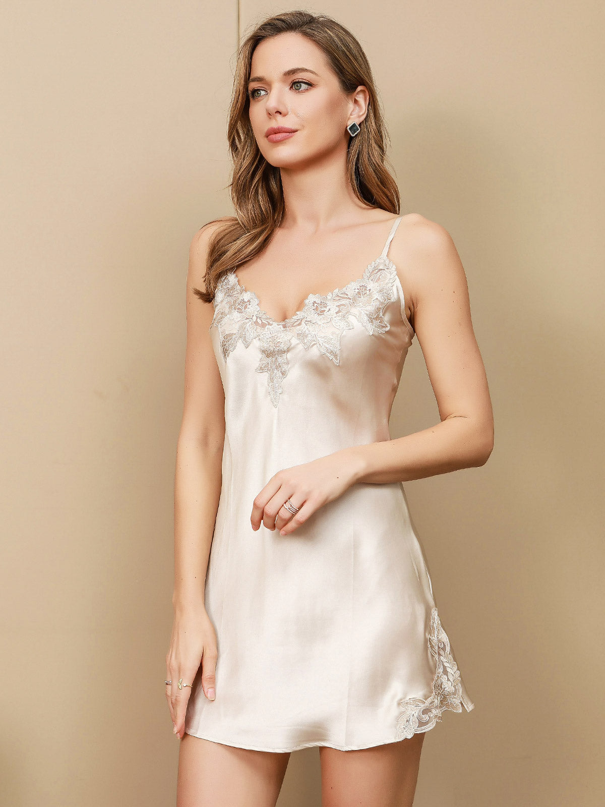 Pure Silk Spaghetti Strap Mini Nightgown with Lace Design