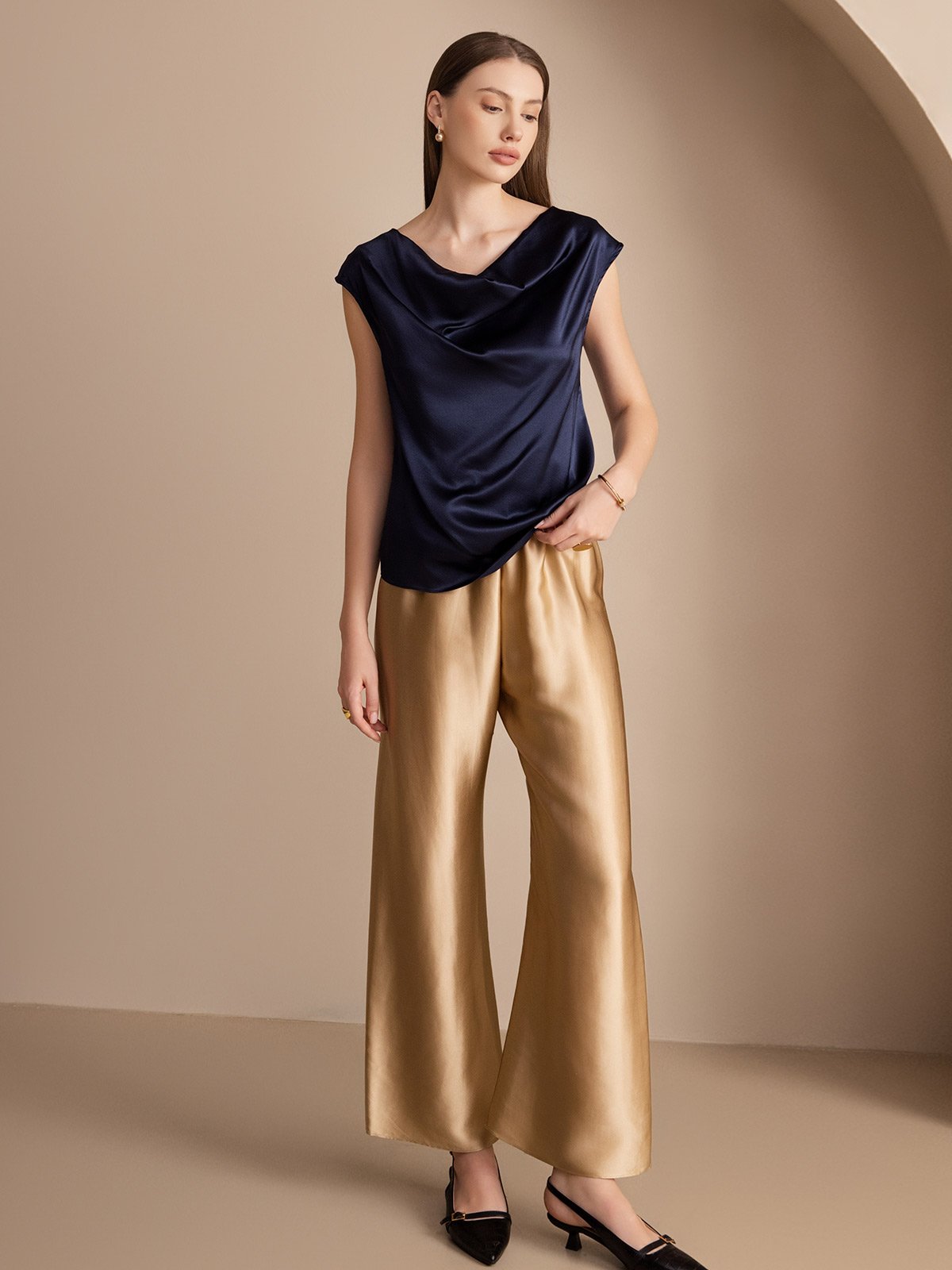 19Momme Silk Cap Sleeve Cowl Neck Tank Top/Blouse