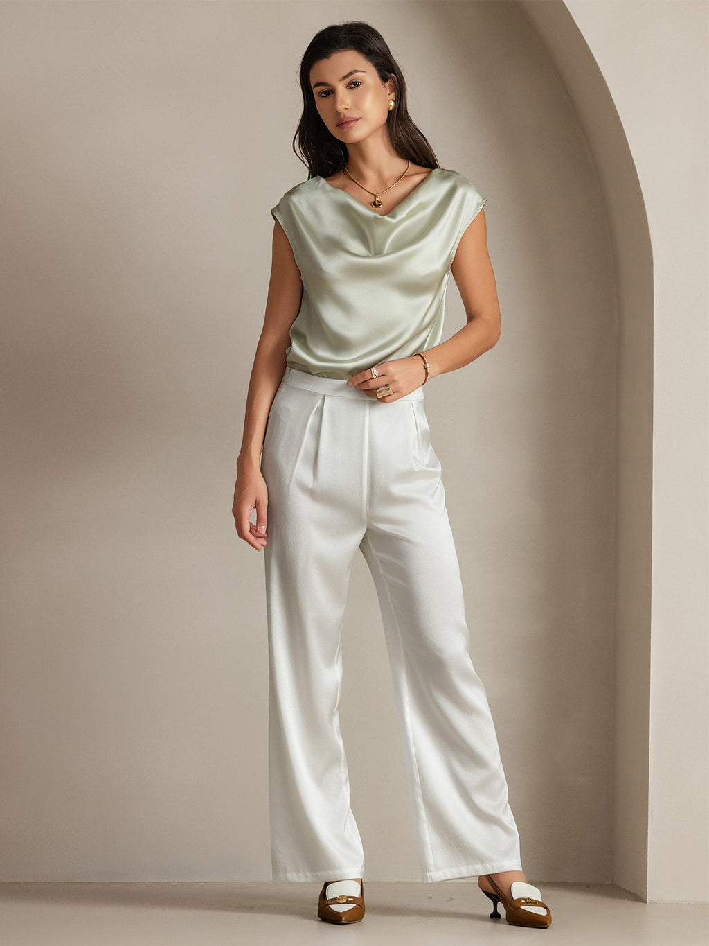19Momme Silk Cap Sleeve Cowl Neck Tank Top/Blouse