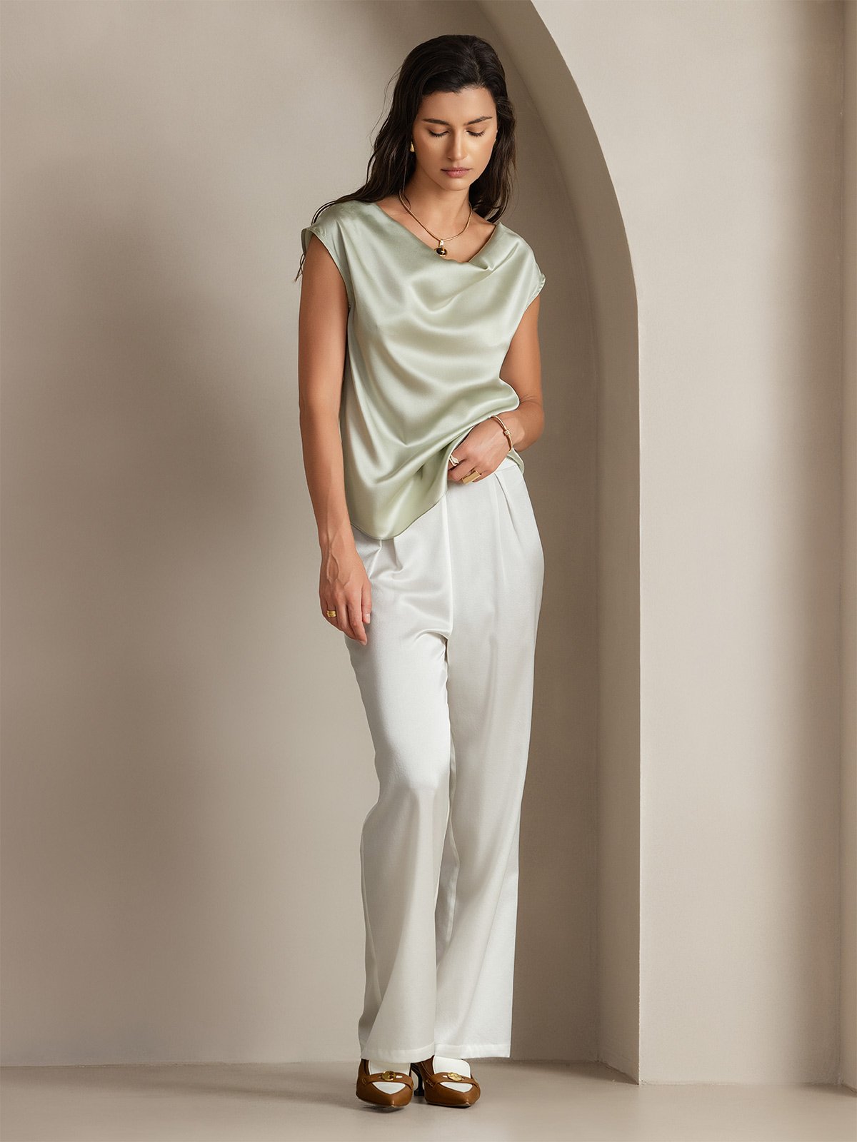 19Momme Silk Cap Sleeve Cowl Neck Tank Top/Blouse
