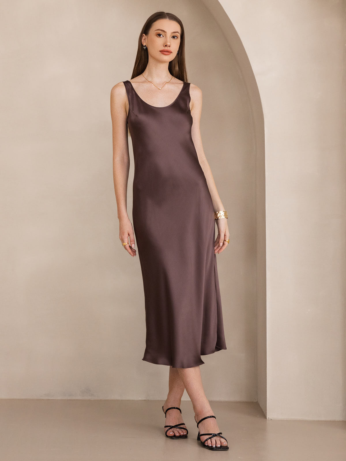 Pure Silk Wide Strap Sleeveless Long Dress