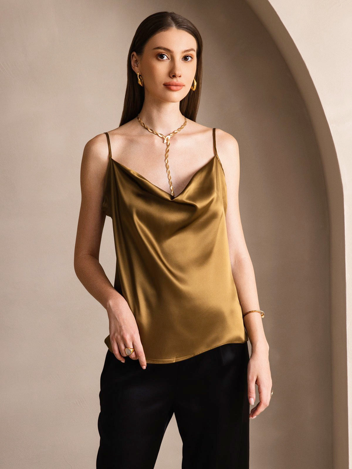 19Momme Silk Spaghetti Strap Cowl Neck Camisole Top