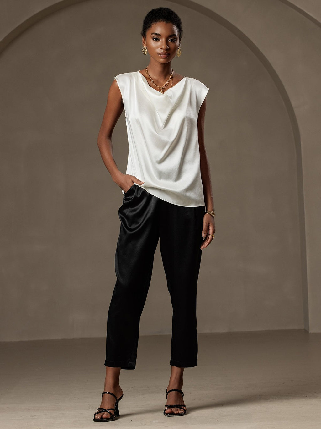 19Momme Silk Cap Sleeve Cowl Neck Tank Top/Blouse
