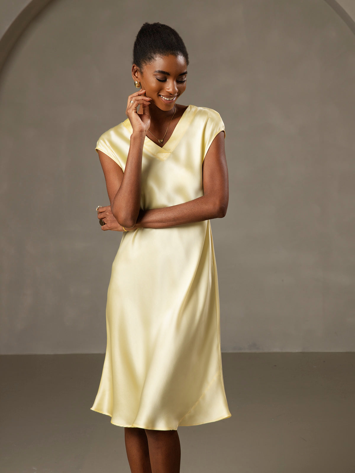 Pure Silk Cap Sleeve V-neck Knee Nightgown