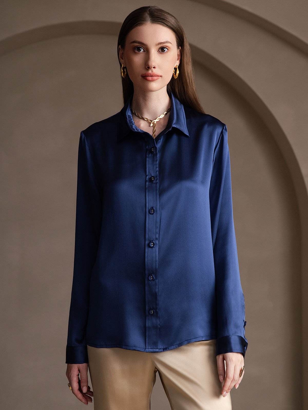 19Momme Silk Long Sleeve Lapel Collar Women's Shirt