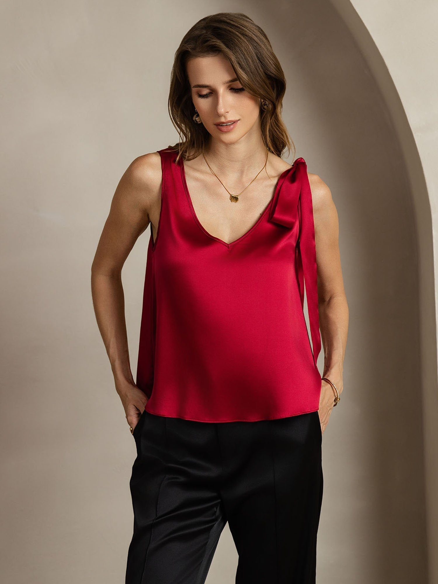 19Momme Silk Bow-Tie V-Neck Tank Top