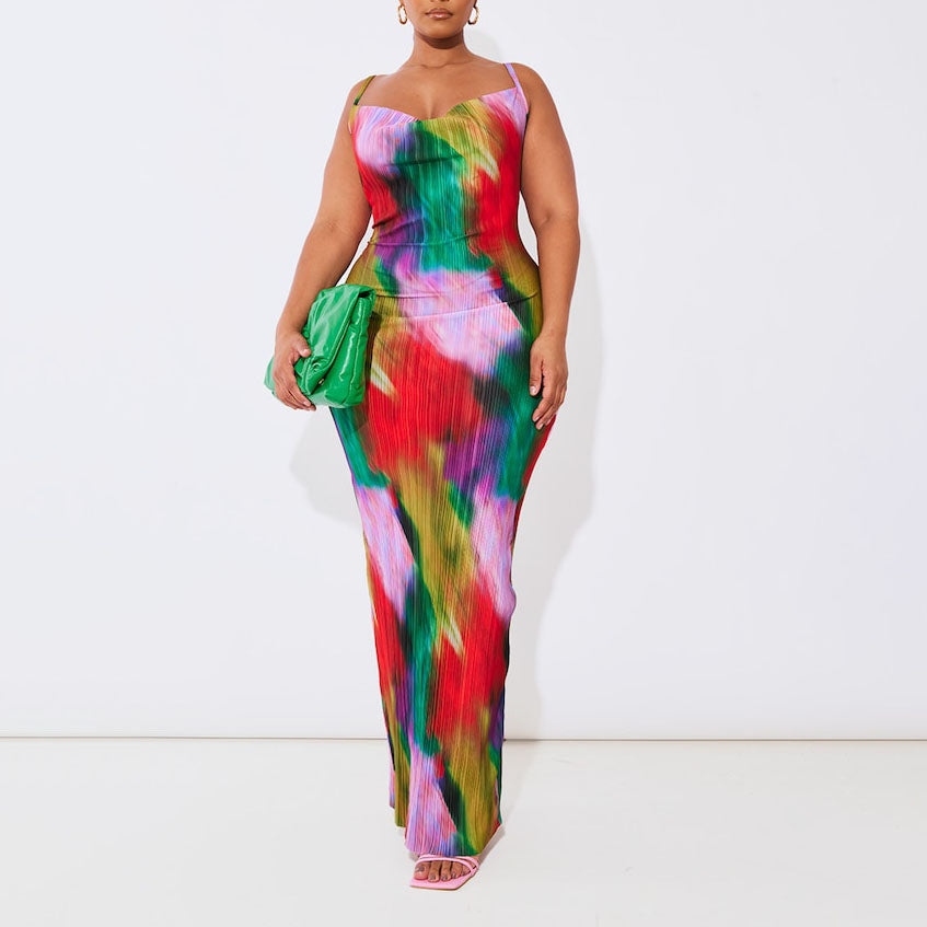 Plus Multi Printed Plisse Cowl Neck Maxi Dress