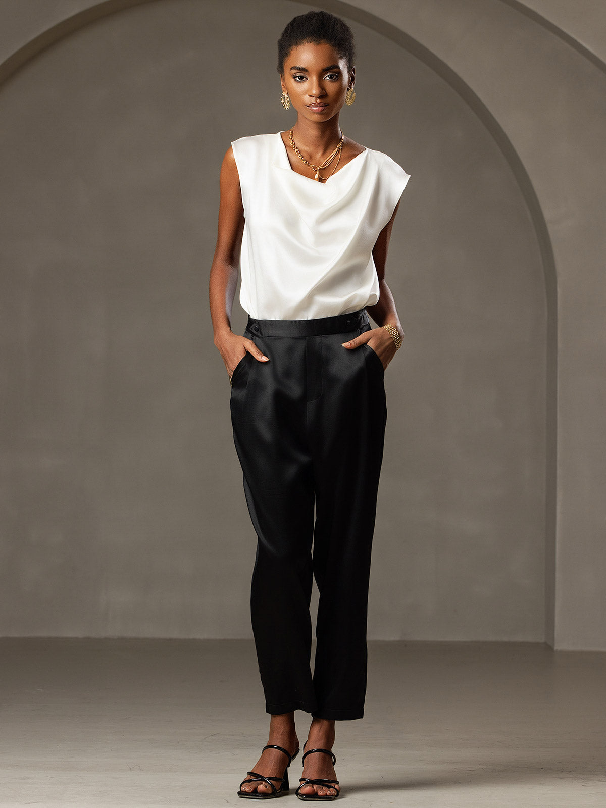 19Momme Silk Cowl Neck Cap Sleeve Blouse