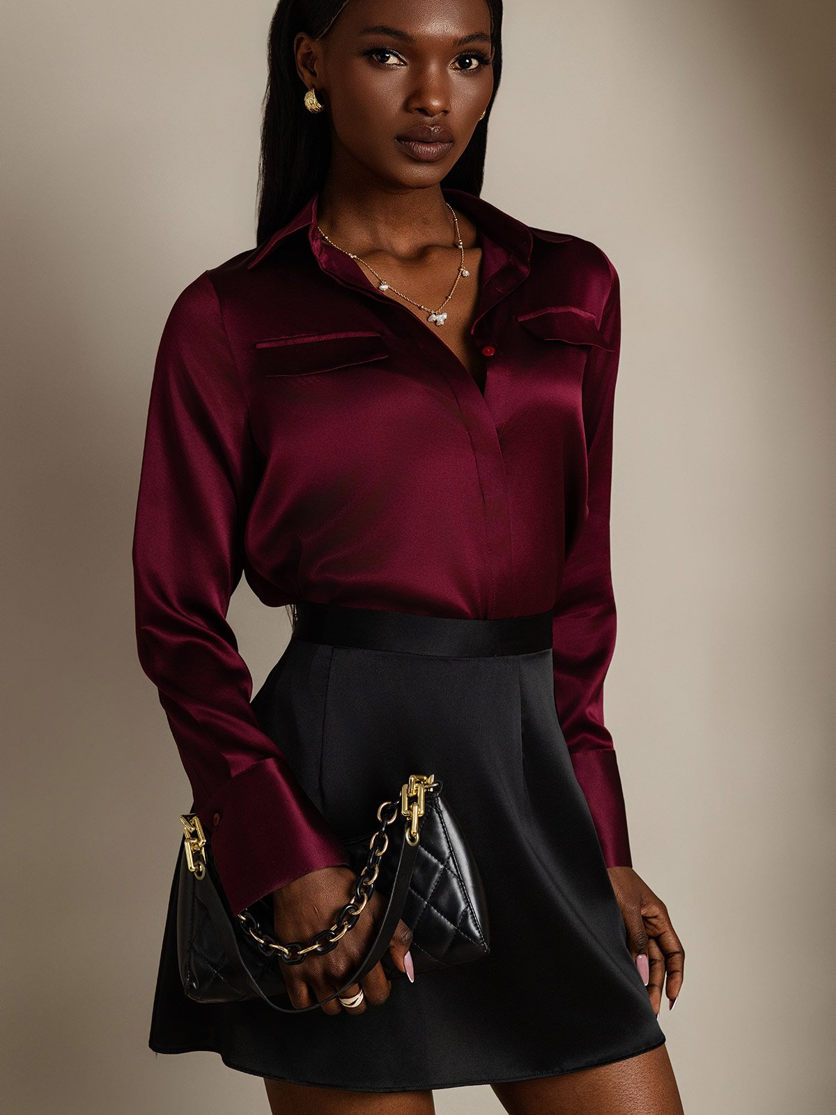 Women's 19Momme Silk Long Sleeve Lapel Collar Military Shirt