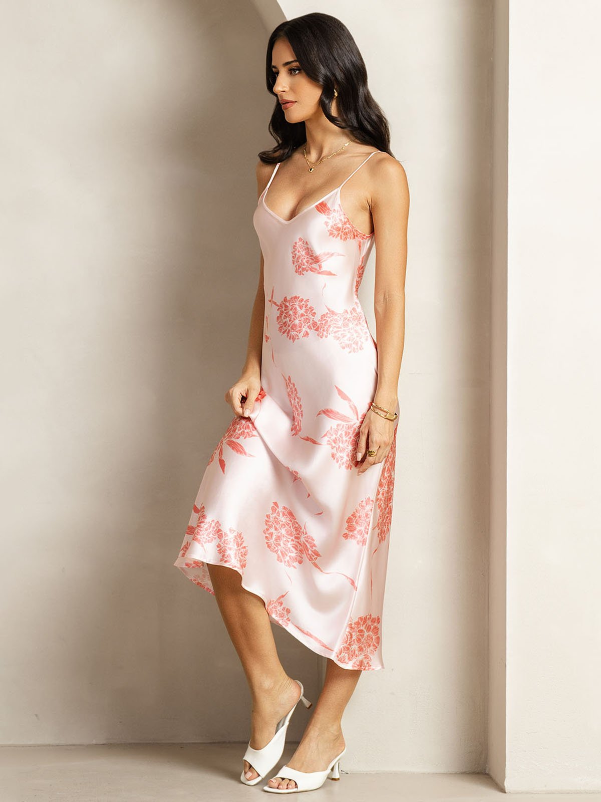 19Momme Silk V Neck Adjustable Strap Midi Dress