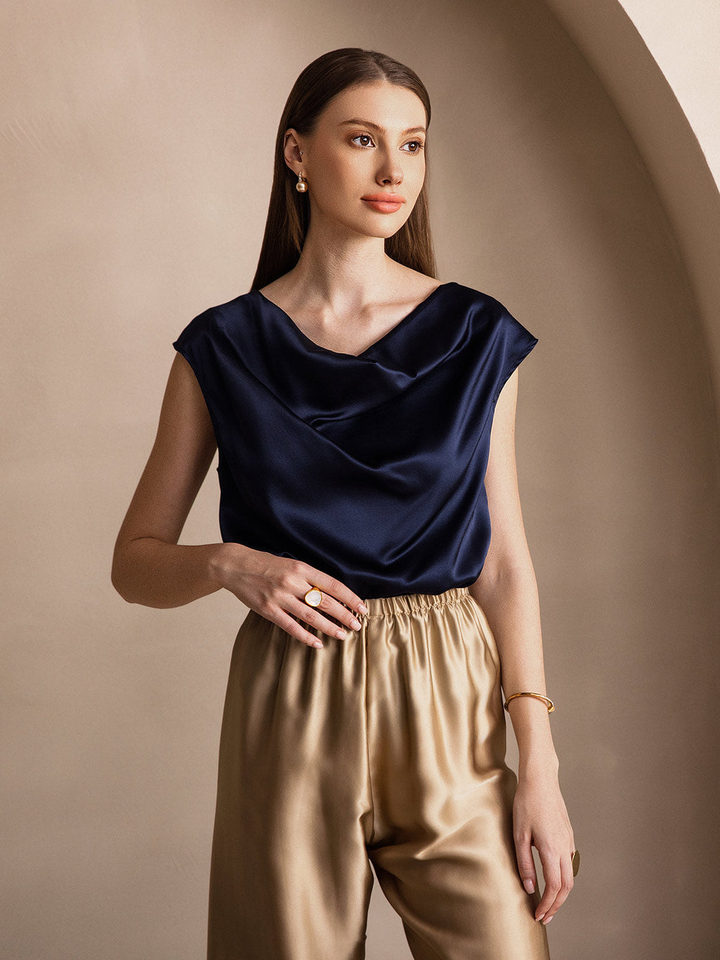 19Momme Silk Cowl Neck Cap Sleeve Blouse