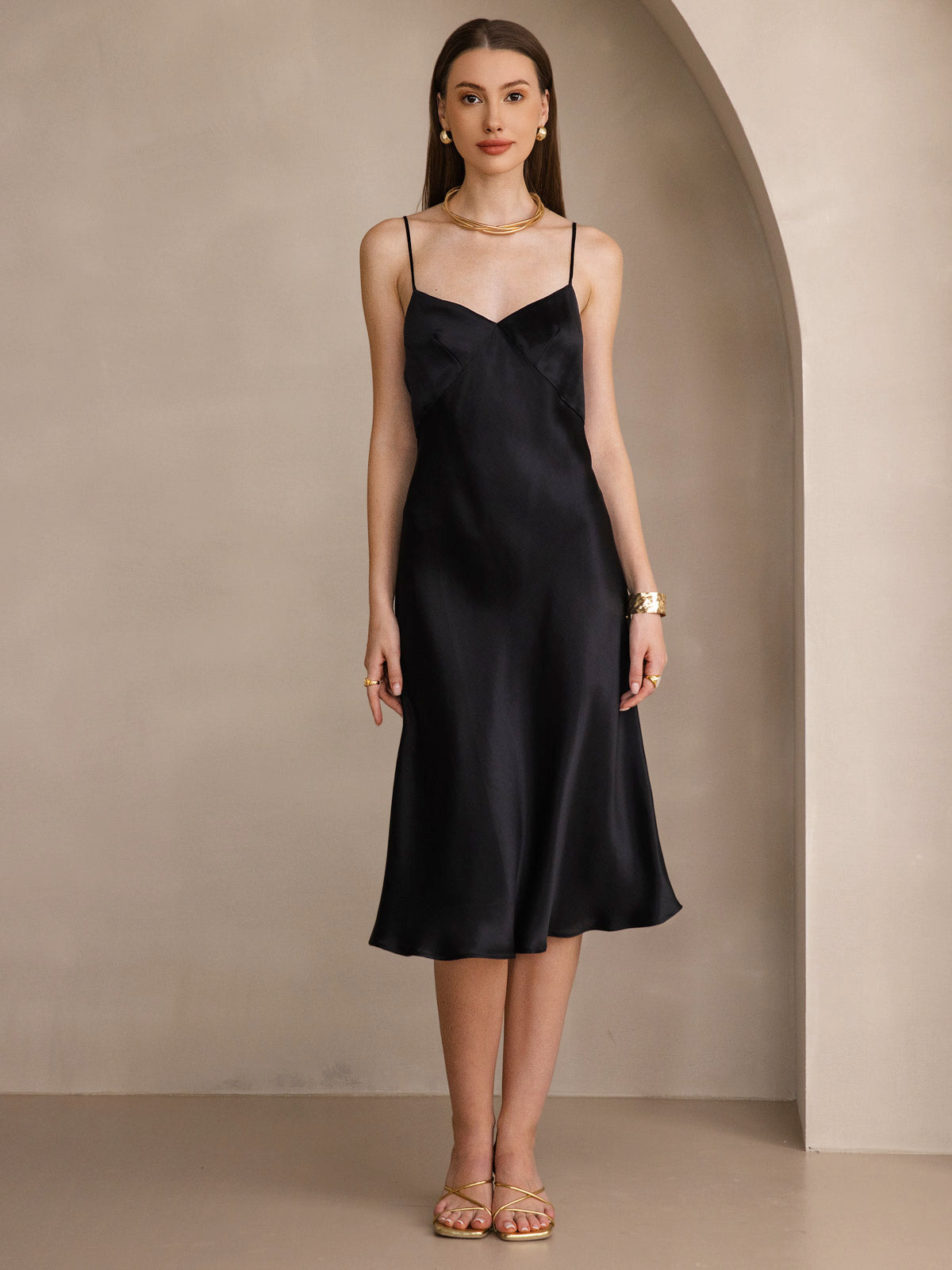 Pure Silk Deep V-Neck Backless Long Slip Dress