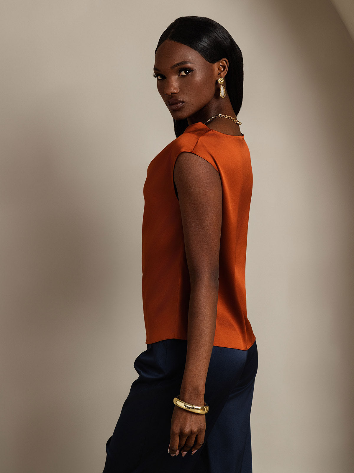 19Momme Silk Cap Sleeve Cowl Neck Tank Top/Blouse