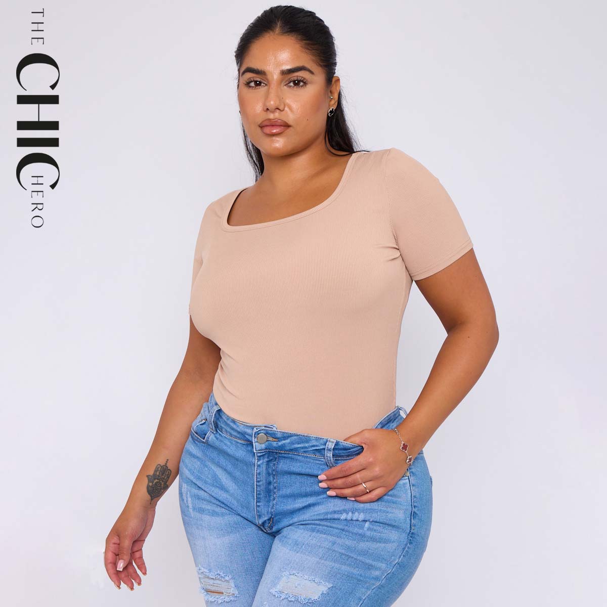 ChicHero Nude Square Neck Short Sleeve T Shirt Bodysuit