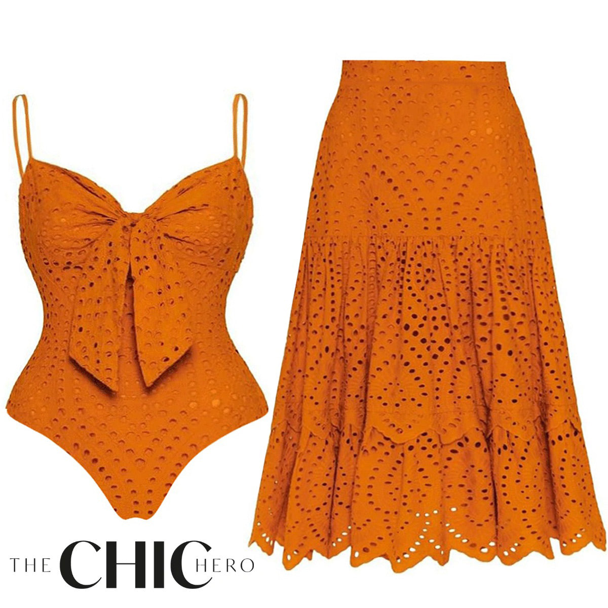 Orange Petal Hollow One-Piece Swimsuit&Skirt