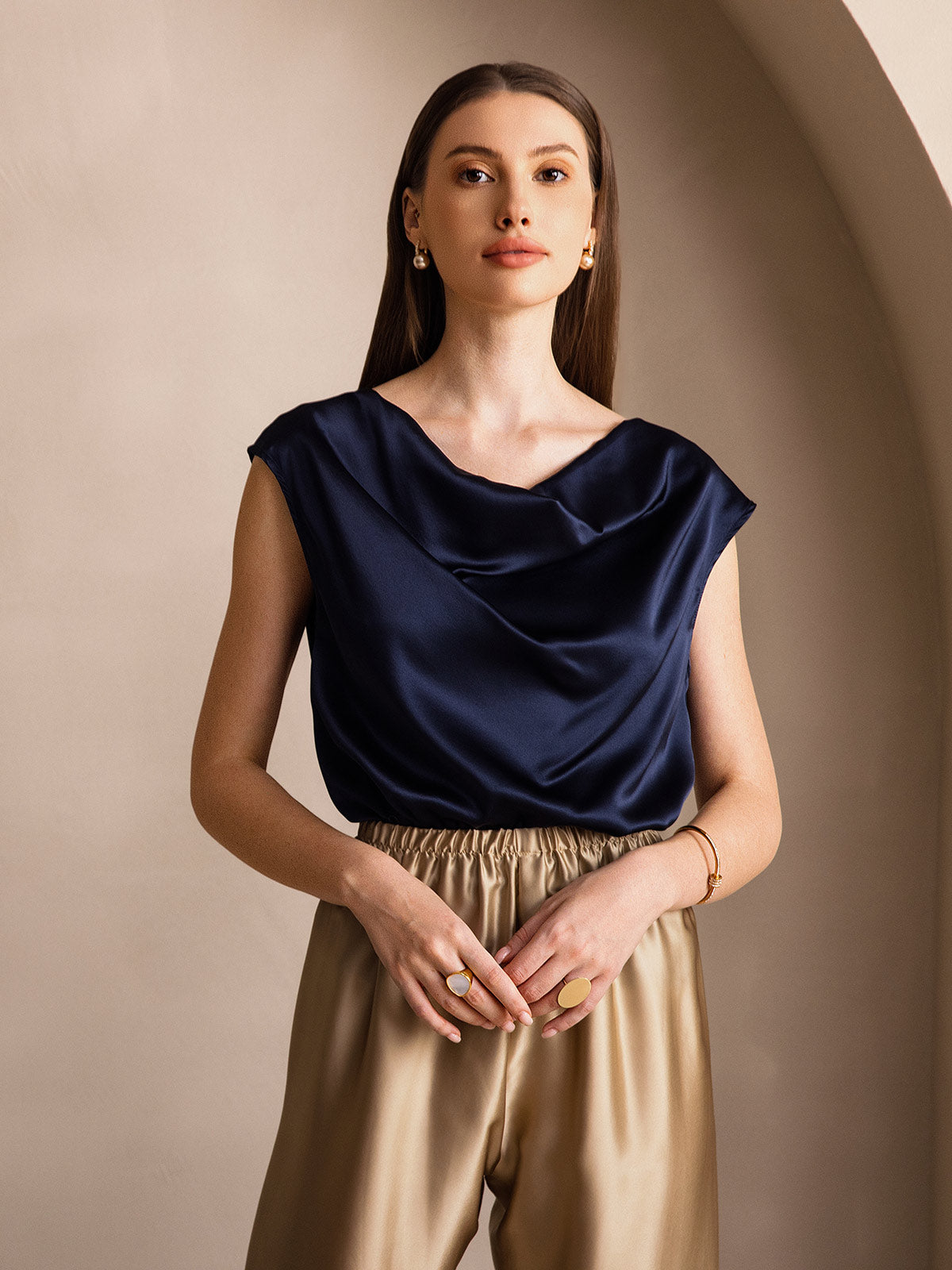 19Momme Silk Cowl Neck Cap Sleeve Blouse