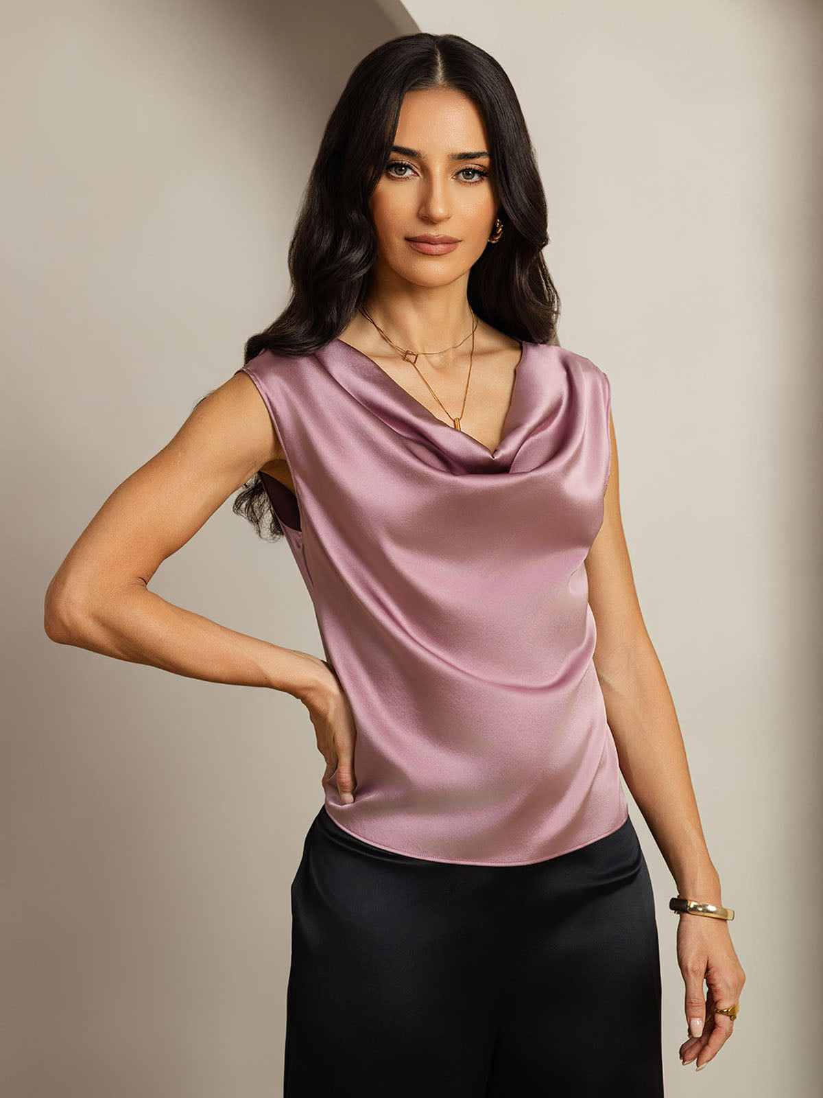 19Momme Silk Cowl Neck Cap Sleeve Blouse