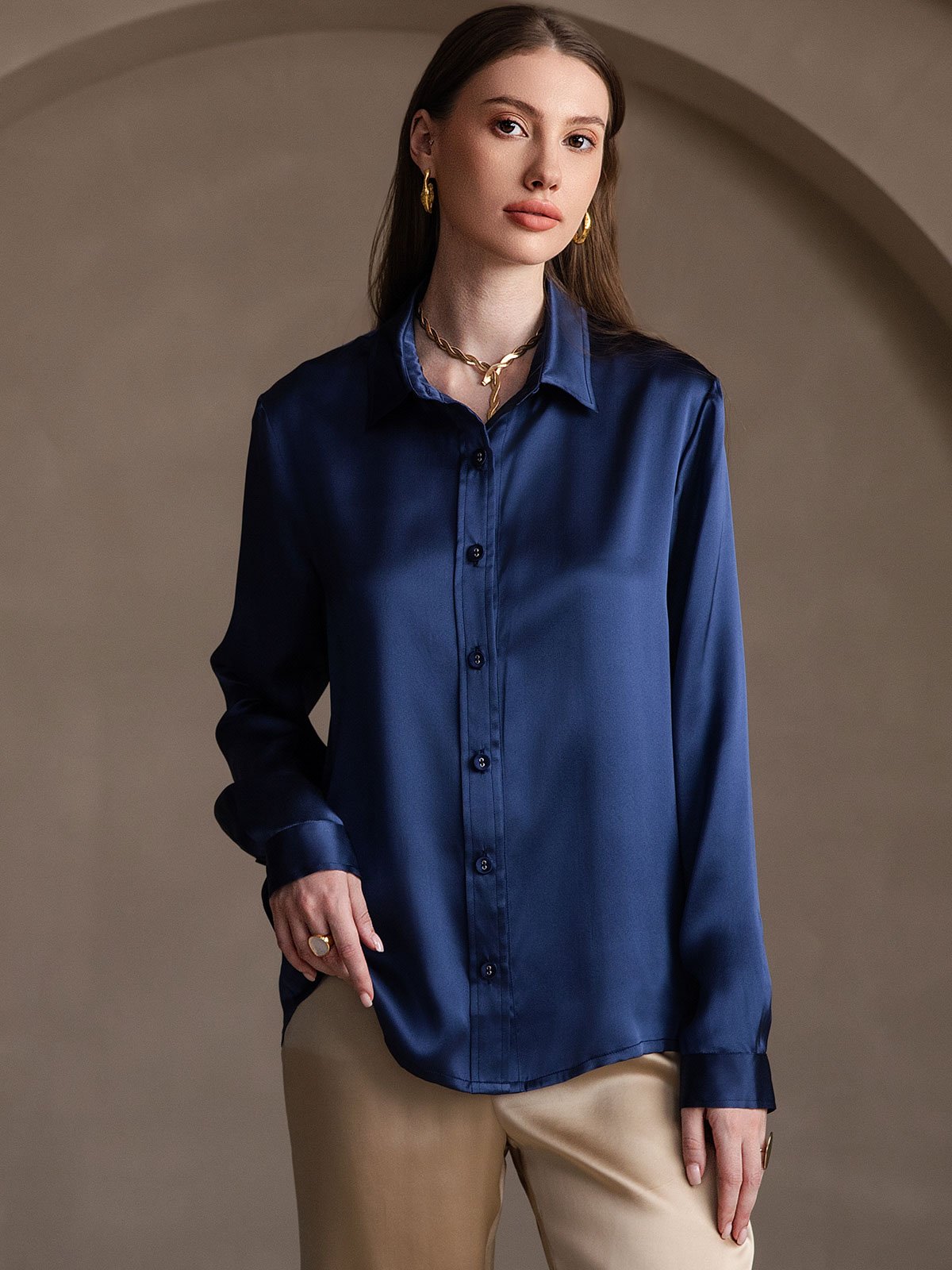 19Momme Silk Long Sleeve Lapel Collar Women's Shirt