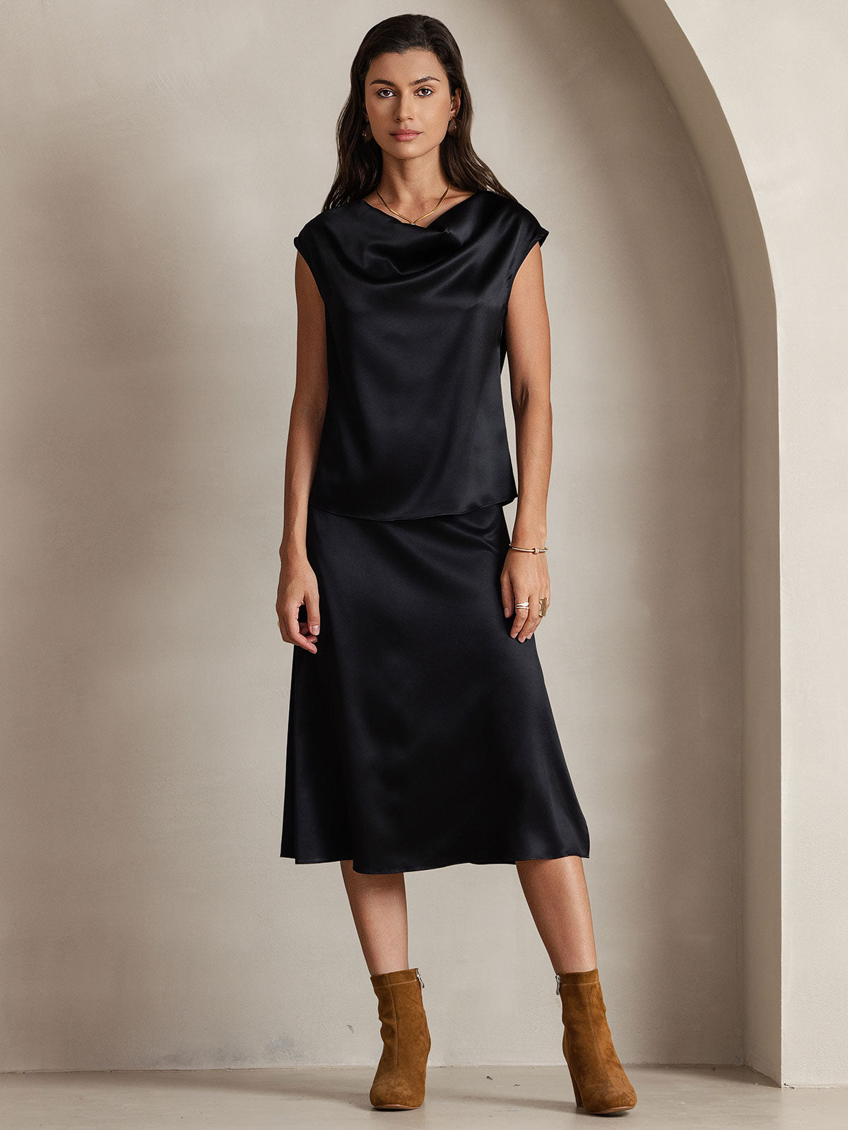 19Momme Silk Cowl Neck Cap Sleeve Blouse