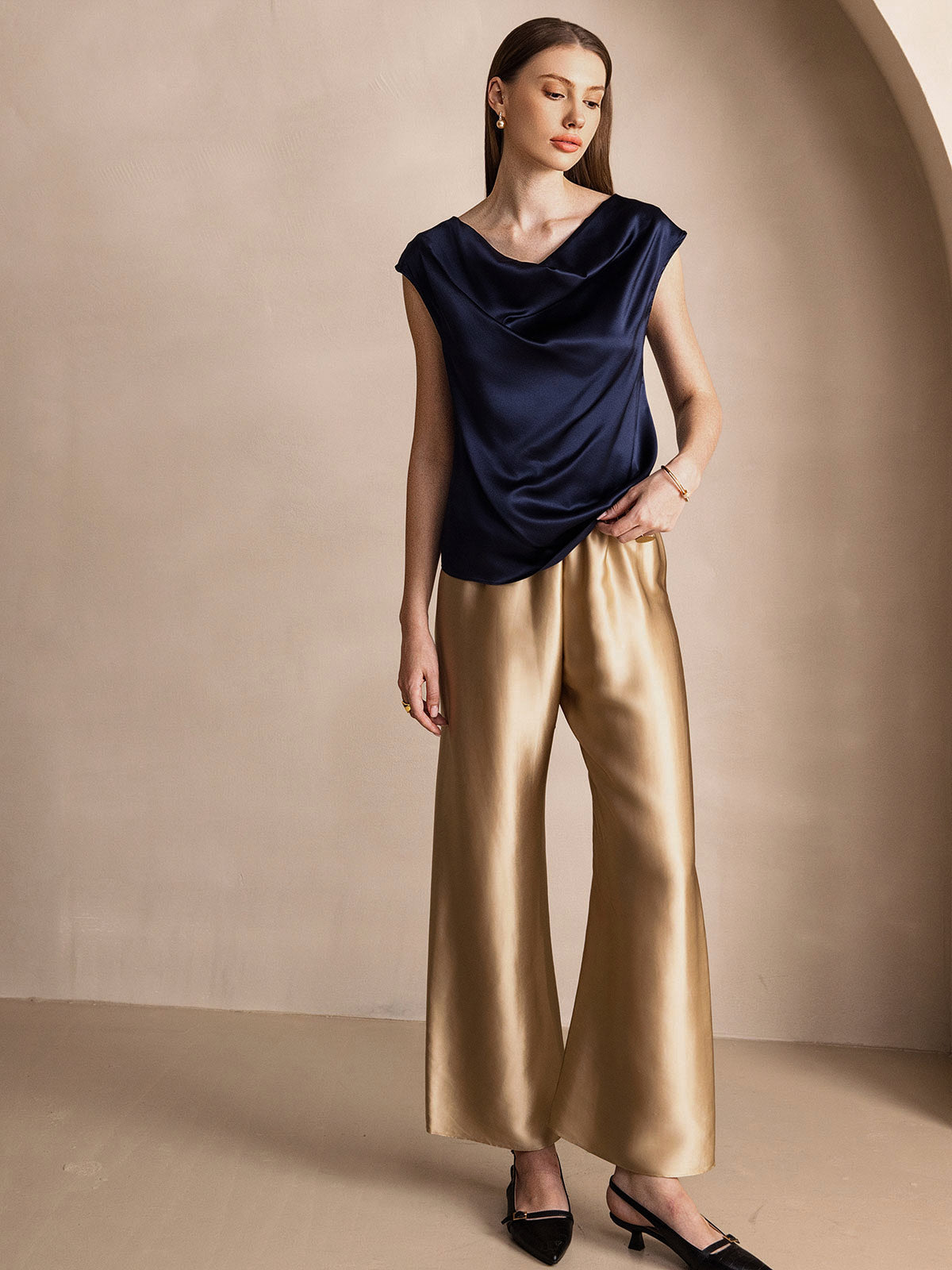 19Momme Silk Cowl Neck Cap Sleeve Blouse