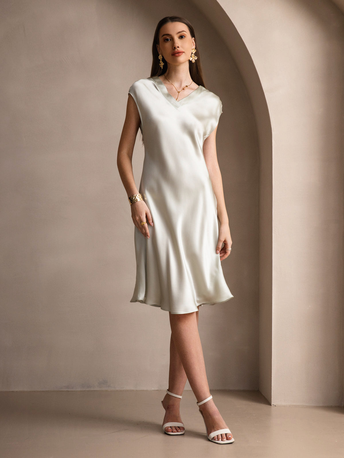 Pure Silk Cap Sleeve V-neck Knee Nightgown