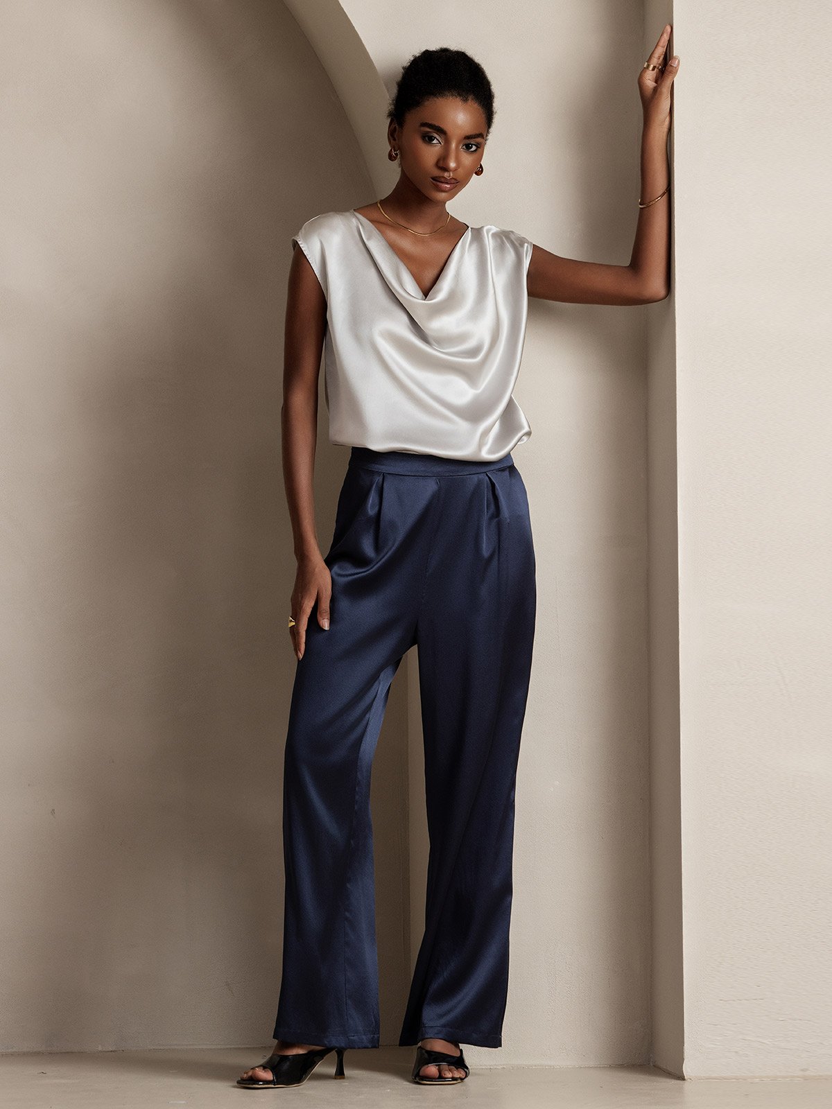 19Momme Silk Cap Sleeve Cowl Neck Tank Top/Blouse