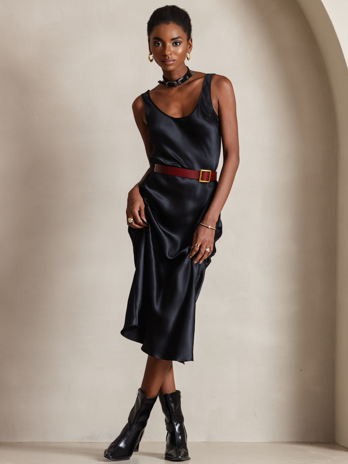 Pure Silk Wide Strap Sleeveless Long Dress